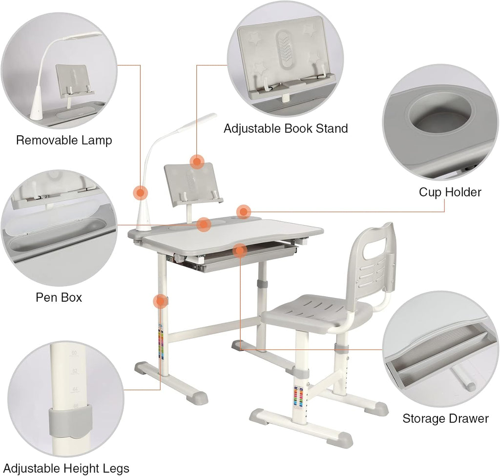 Kids Desk and Chair Set,Height Adjustable Childrens Homeschool Study Table with Storage Drawer, LED Light,Cup Holder,Bookstand, for 3-15 Years Boy and Girl, Grey