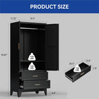 COFaR Armoire Wardrobe Closet with Drawers & Hanging Rod, 71'' Metal Wardrobe Closet with Doors & Adjustable Shelf, Farmhouse Wardrobe Cabinet for Bedroom Home Office Garage, Black