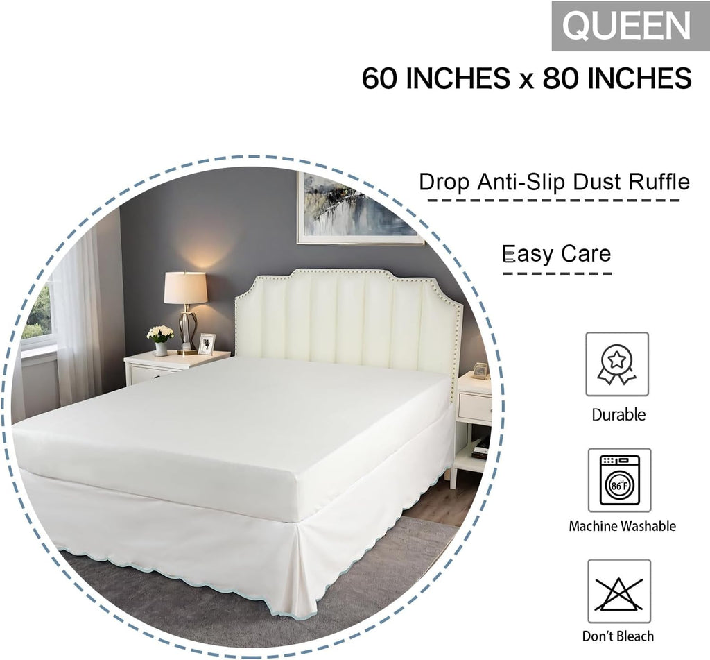 HIG Off White Chic Queen Bed Skirt - Easy Fit Scallop Edge Pleated Bedskirts, 14 Inch Drop Anti-Slip Dust Ruffle, Thick Fabric for Enhanced Privacy, Pre-Washed for Long-Lasting Use(N60022)
