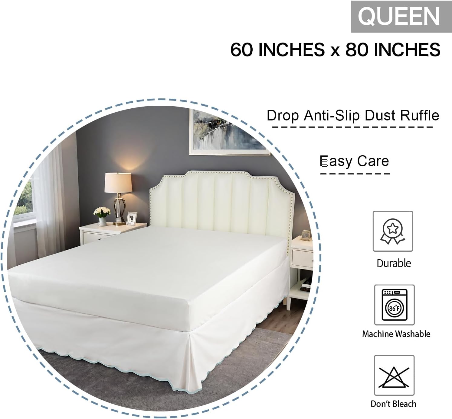 HIG Off White Chic Queen Bed Skirt - Easy Fit Scallop Edge Pleated Bedskirts, 14 Inch Drop Anti-Slip Dust Ruffle, Thick Fabric for Enhanced Privacy, Pre-Washed for Long-Lasting Use(N60022)