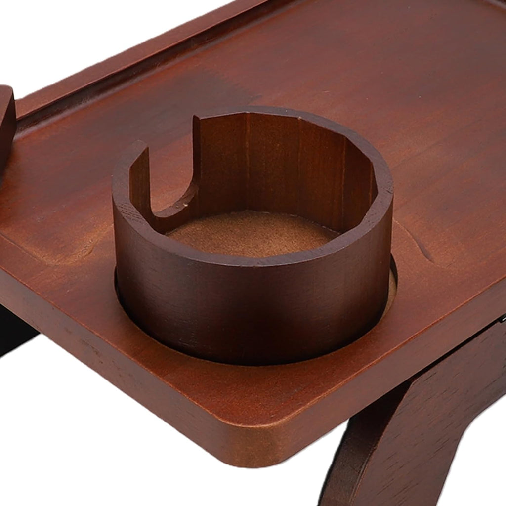 AUNMAS Sofa Arm Tray, Pine Material No Slip 3 in 1 Foldable Wood Couch Armrest Table with Cup Holder Rotating Phone Stand for Dining Watching TV (Brown)