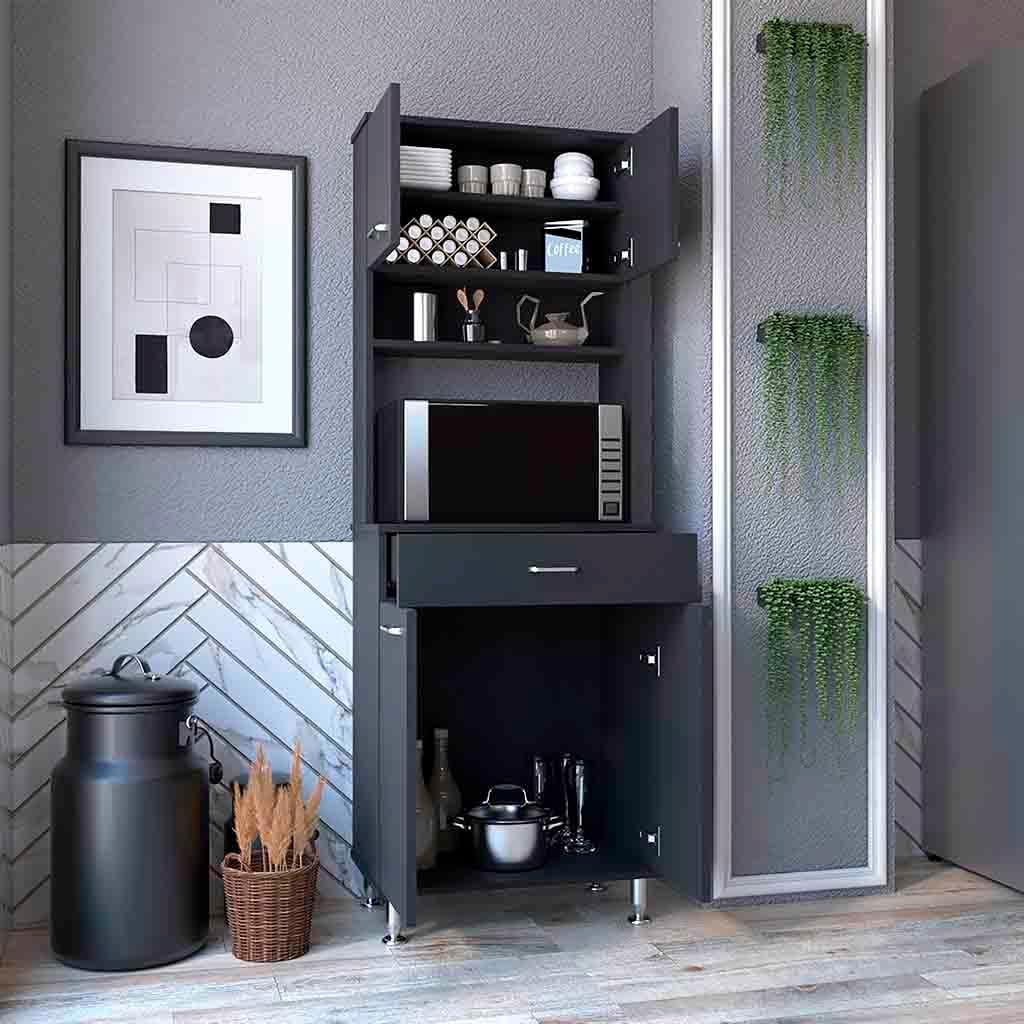 Black 67" H Pantry Cabinet, 4 Doors, 1 Drawer, Microwave Storage & 5 Shelves