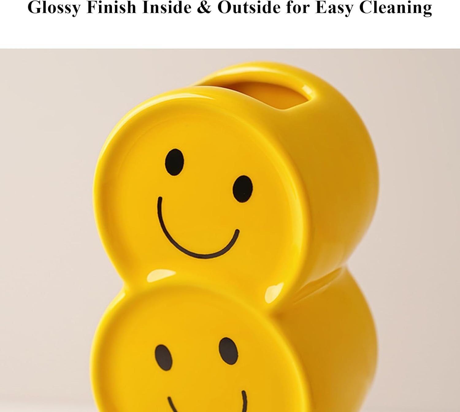 Smile Face Ceramic Vase, 7.3in Glossy Yellow Happy Face Home Office Decor, Playful Desk Ornament for Office, Mood Boosting Gift Men Women