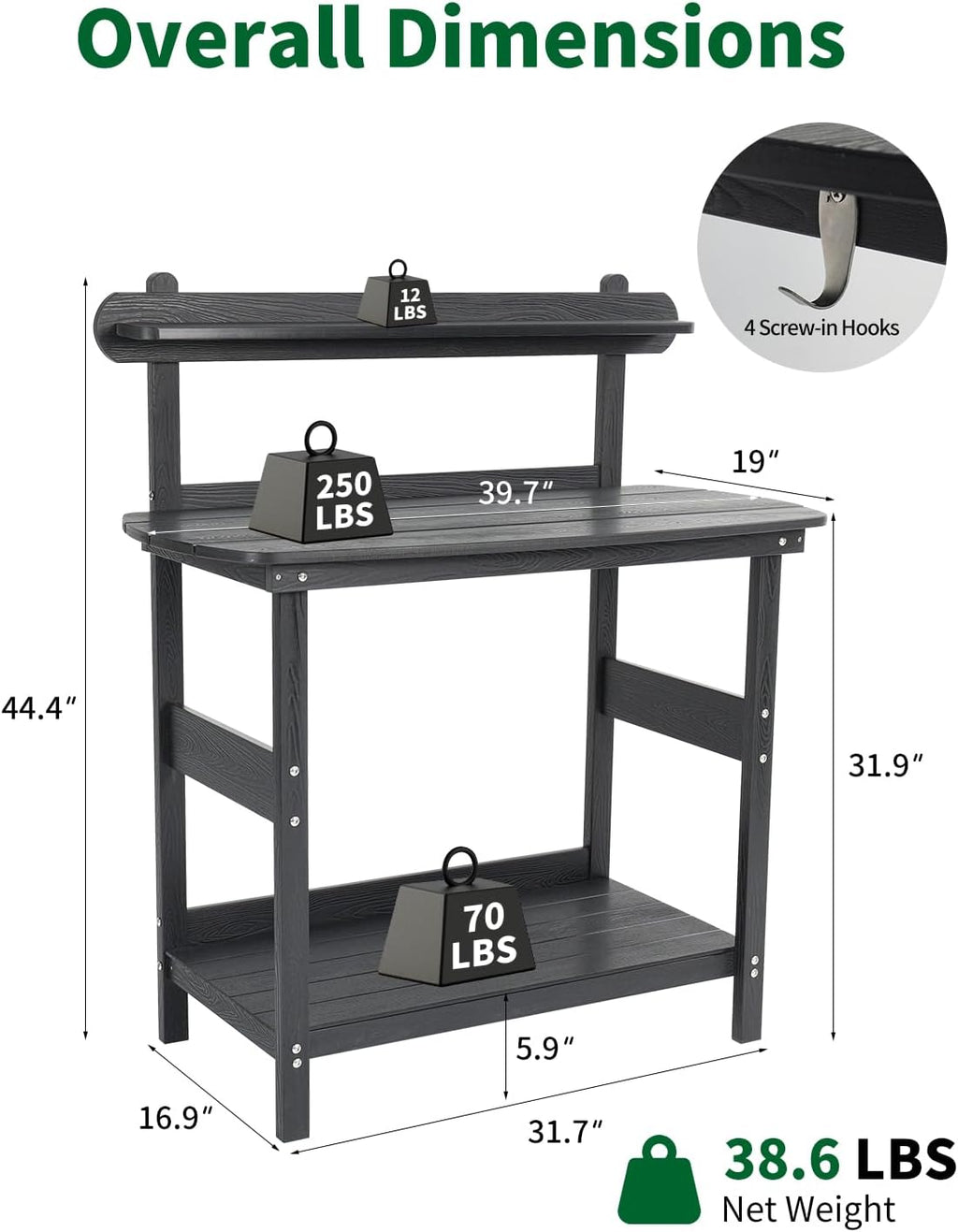 Potting Bench Table with 3-Tier Storage, HIPS Outdoor Gardening Table with 4 Self-Tapping Screws, Heavy Duty All-Weather Planting Bench with Curved Edges for Patio, Backyard, Garden(Black)