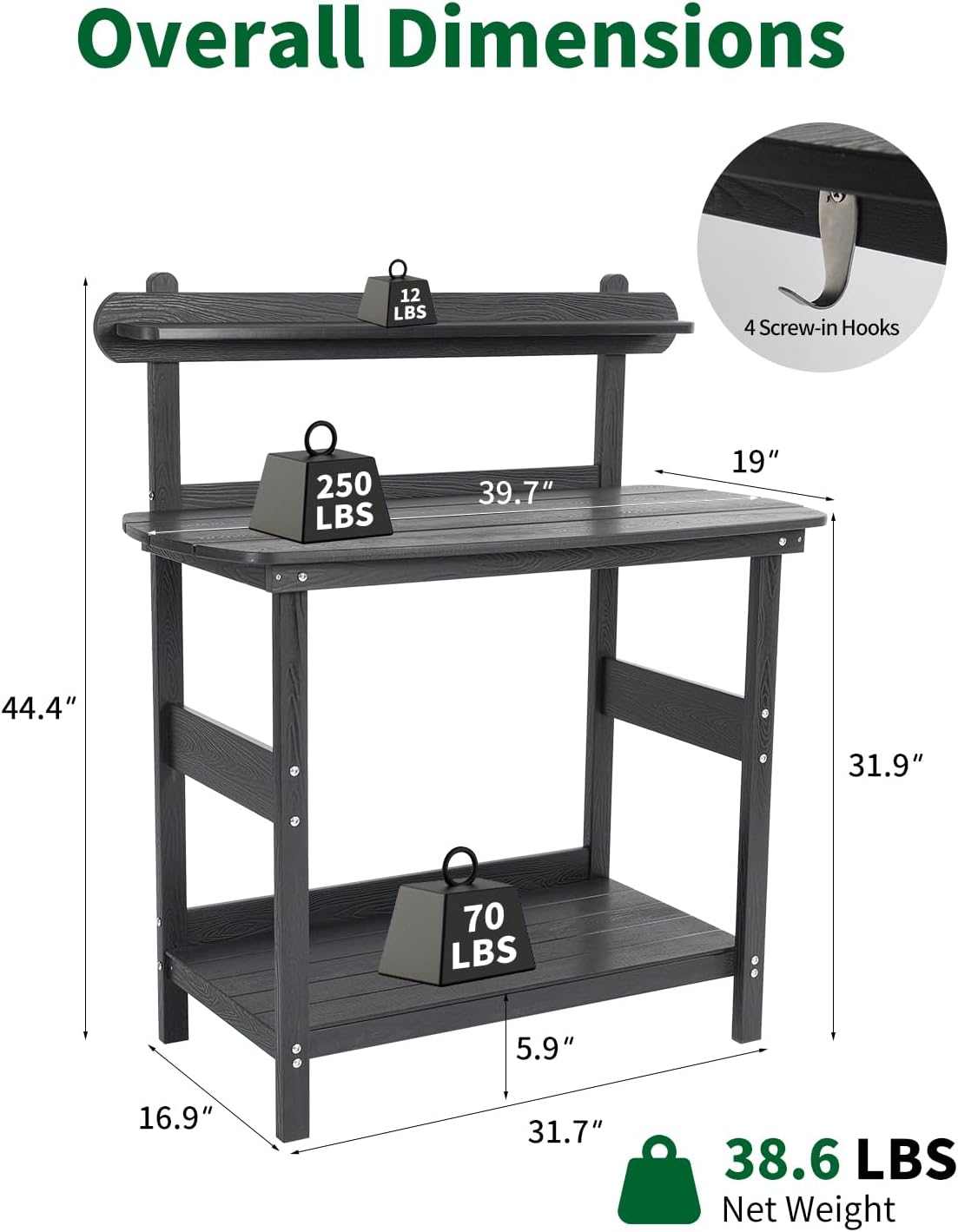 Potting Bench Table with 3-Tier Storage, HIPS Outdoor Gardening Table with 4 Self-Tapping Screws, Heavy Duty All-Weather Planting Bench with Curved Edges for Patio, Backyard, Garden(Black)