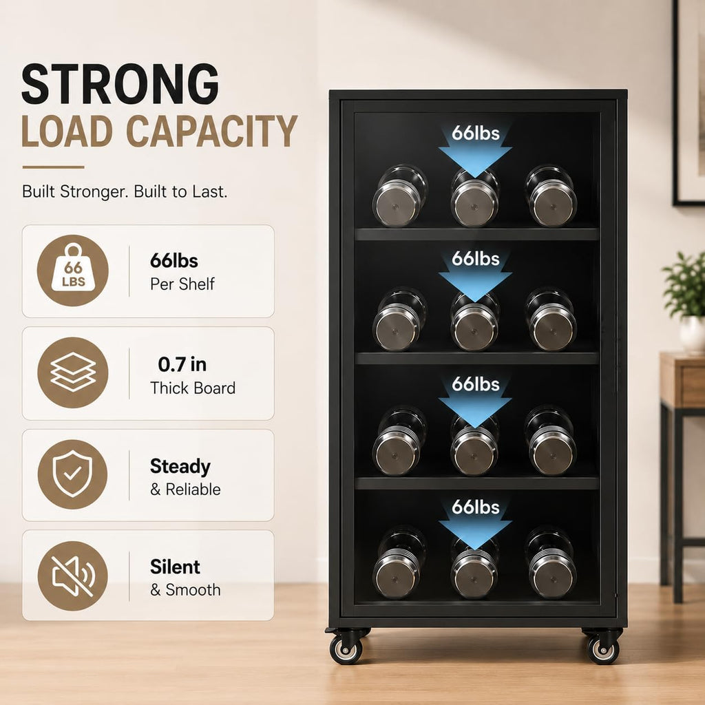 rolling Media Storage Cabinet with Tempered Glass Door, audio rack cabinet with Cable Management, Efficient Heat Dissipation, Studio home audio cabinet for Living Room/Gaming Setup/Home (3-tier)