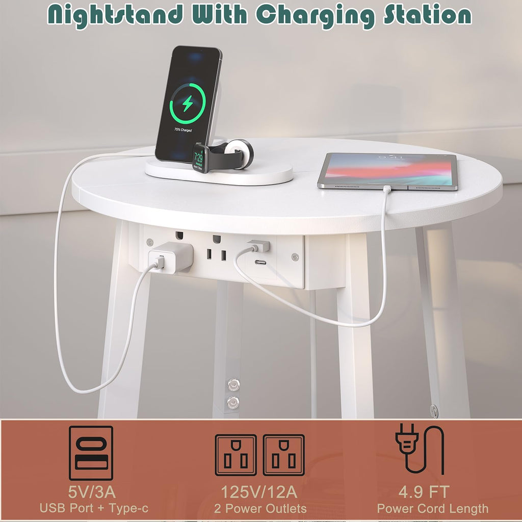 sthmec Round End Table with Charging Station, White LED Small Side Table for Small Space, USB Power Oulets & LED Strip, 2-Tier Round Accent Table Couch Sofa Nighstands for Living Room, Bedroom, White