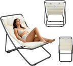 Outdoor Folding Lounge Chair Set of 2, Rattan Outdoor Patio Sling Chairs with Adjustable Backrest, Thick Cushioned & Detachable Headrest, Portable Beach Sling Chair for Poolside Backyard (Black)