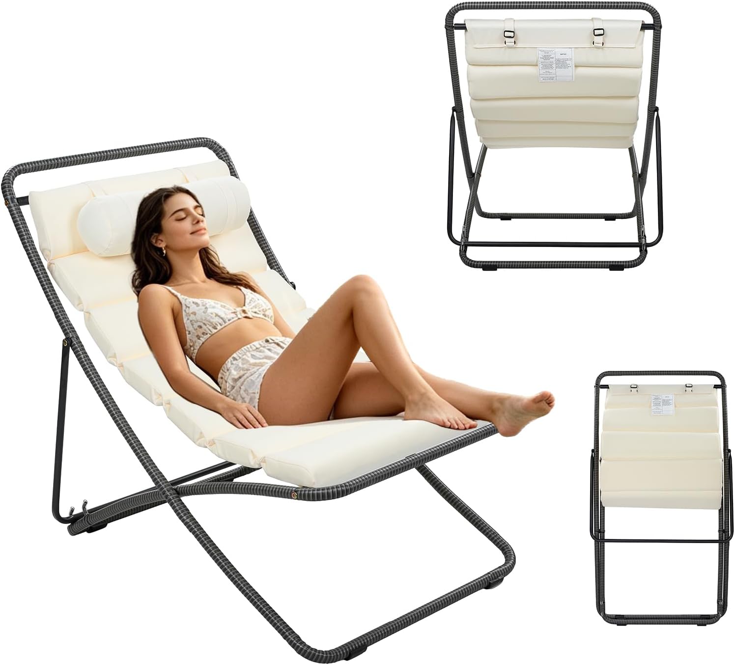 Outdoor Folding Lounge Chair Set of 2, Rattan Outdoor Patio Sling Chairs with Adjustable Backrest, Thick Cushioned & Detachable Headrest, Portable Beach Sling Chair for Poolside Backyard (Black)