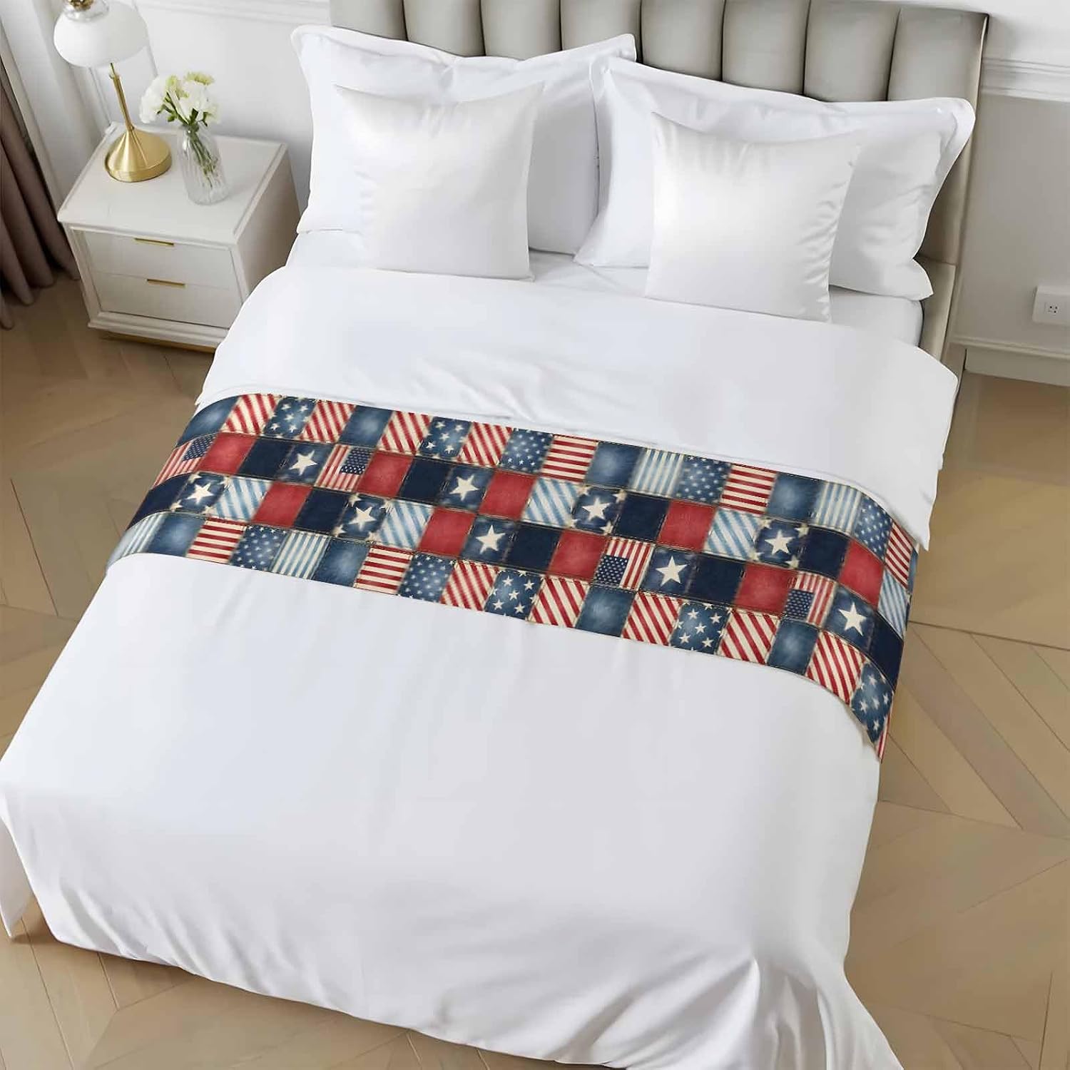4th of July Bed Runner Stars Stripes Patchwork Bedding Scarves Soft Decorative Bed Flag Retro Checkered Grid Bed Runners for King Size Bed Home Hotel Bedroom Independence Day Decor 20x94 Inch