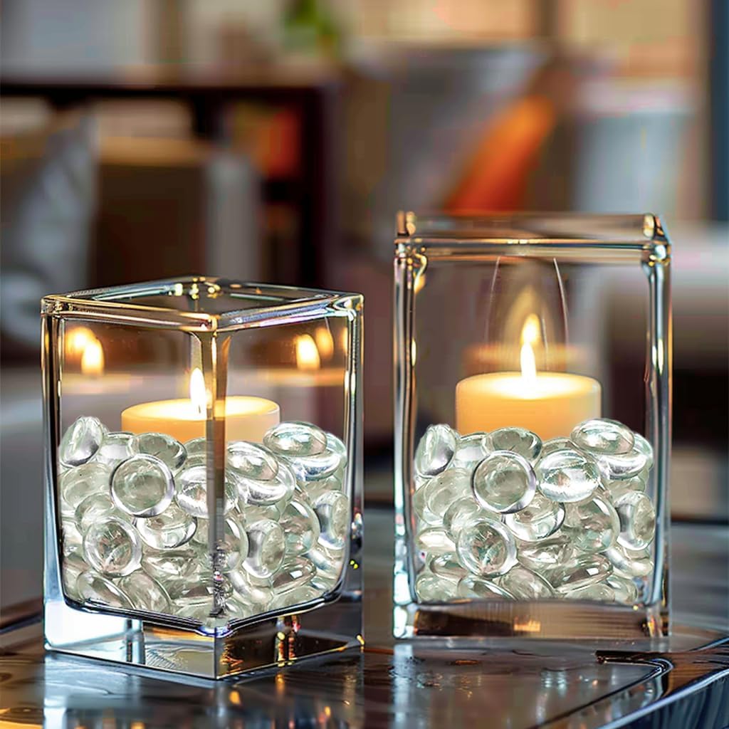 HappyFiller 5 LB Clear Glass Beads for Vase,Glass Marbles Gems Stones for Vase Fillers,Flat Bottom Round Top,Home Decoration,Fire Pit, Floral Centerpieces,Aquarium Fishbowl Pebbles,Approx 480~500 pcs