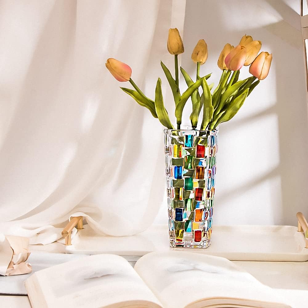 Magcolor Hand Painted Colorful Woven Glass Vase -Crystal Flower Vase- 7.7 inch, Glass Plant Vase for Floral Arrangements, Centerpieces, Weddings, Housewarming, Centerpiece Home Deco