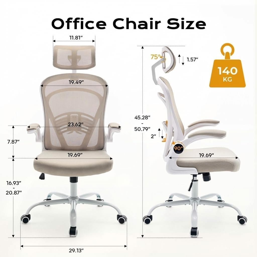 Ergonomic Office Chair for Long Hours & Back Pain Relief, Home Office Desk Chair Comfy with Flip-Up Armrests &Comfortable Lumbar Support Gaming Chairs for Bedroom,Study,Student,Wide Seat.White
