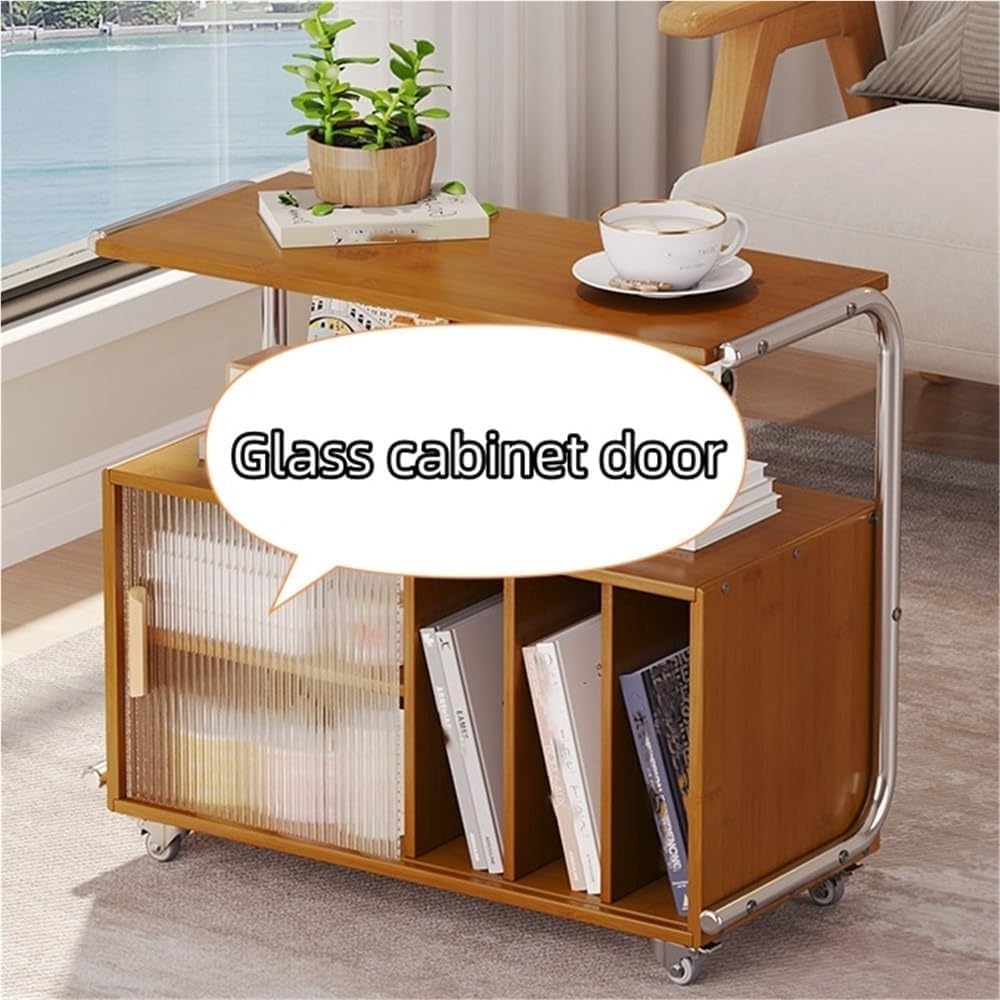 Modern Rolling Side Table End Table with Storage 360° Rollers Movable Night Stand Utility Cart Corner Table for Living Room Creative idea(Natural)