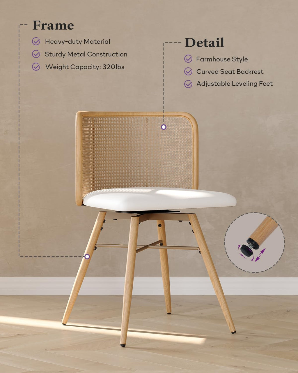TYBOATLE Swivel Rattan Dining Chairs Set of 6, Farmhouse Boho Dining Room Chair with Rattan Woven Back and Faux Leather Seat, Upholstered Kithchen Chairs (Cream White)