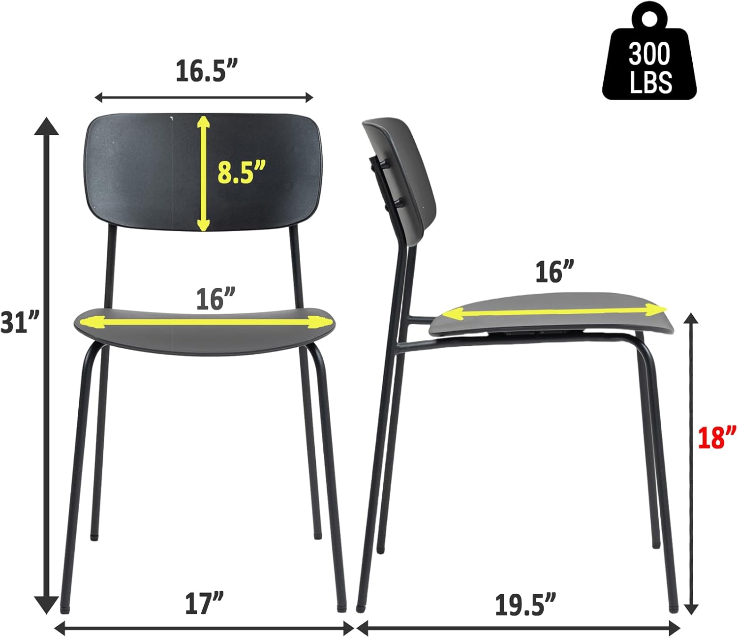 Sidanli Stackable Chairs Set of 4, Waiting Room Chairs with Metal Legs and Ergonomic Plastic Seat, Stacking Office Chairs for Conference Reception Church Banquet, Black