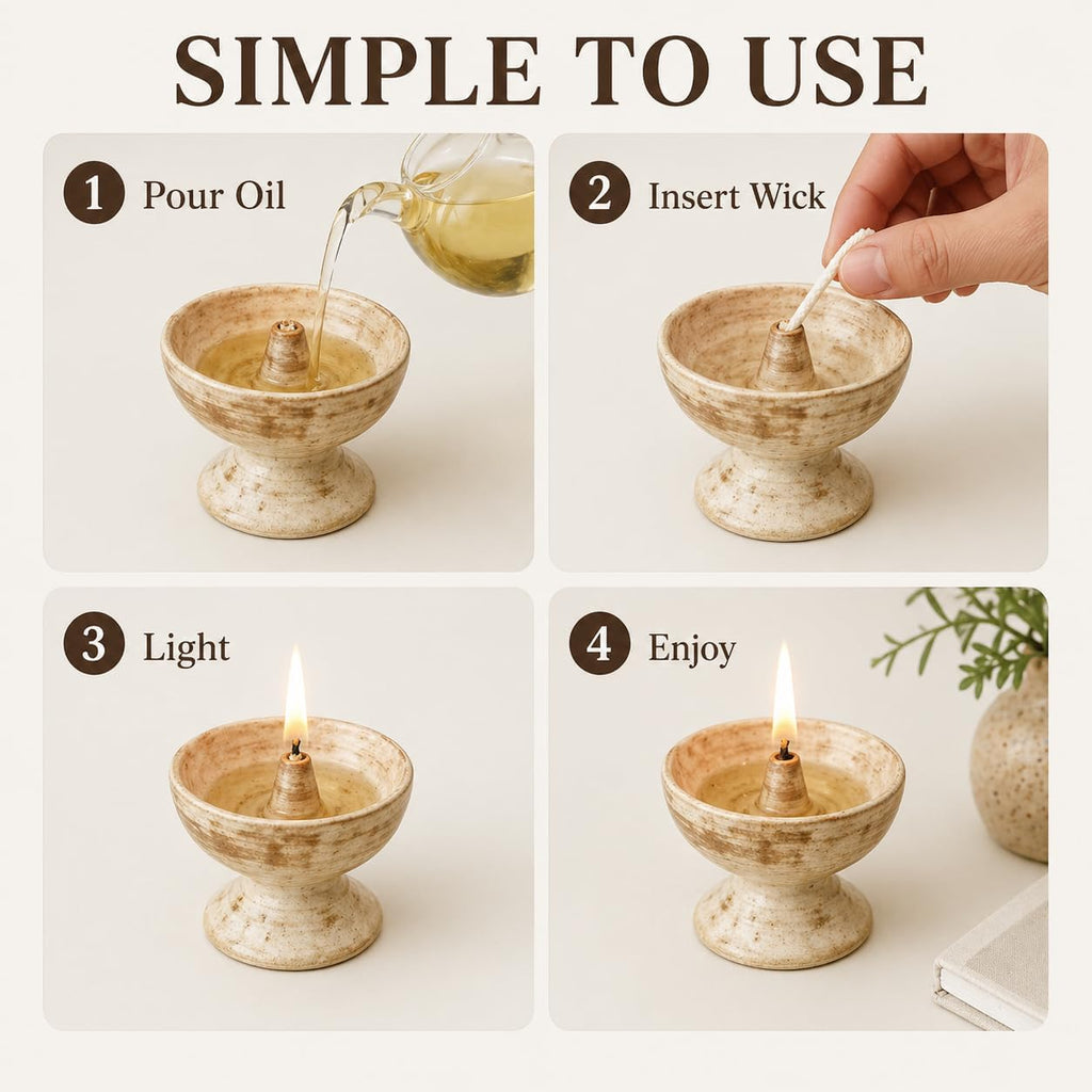 Handmade Ceramic Oil Lamp – Refillable Butter/Ghee Diya with Cotton Wick for Meditation Altar & Calm Home Decor (Wheat)