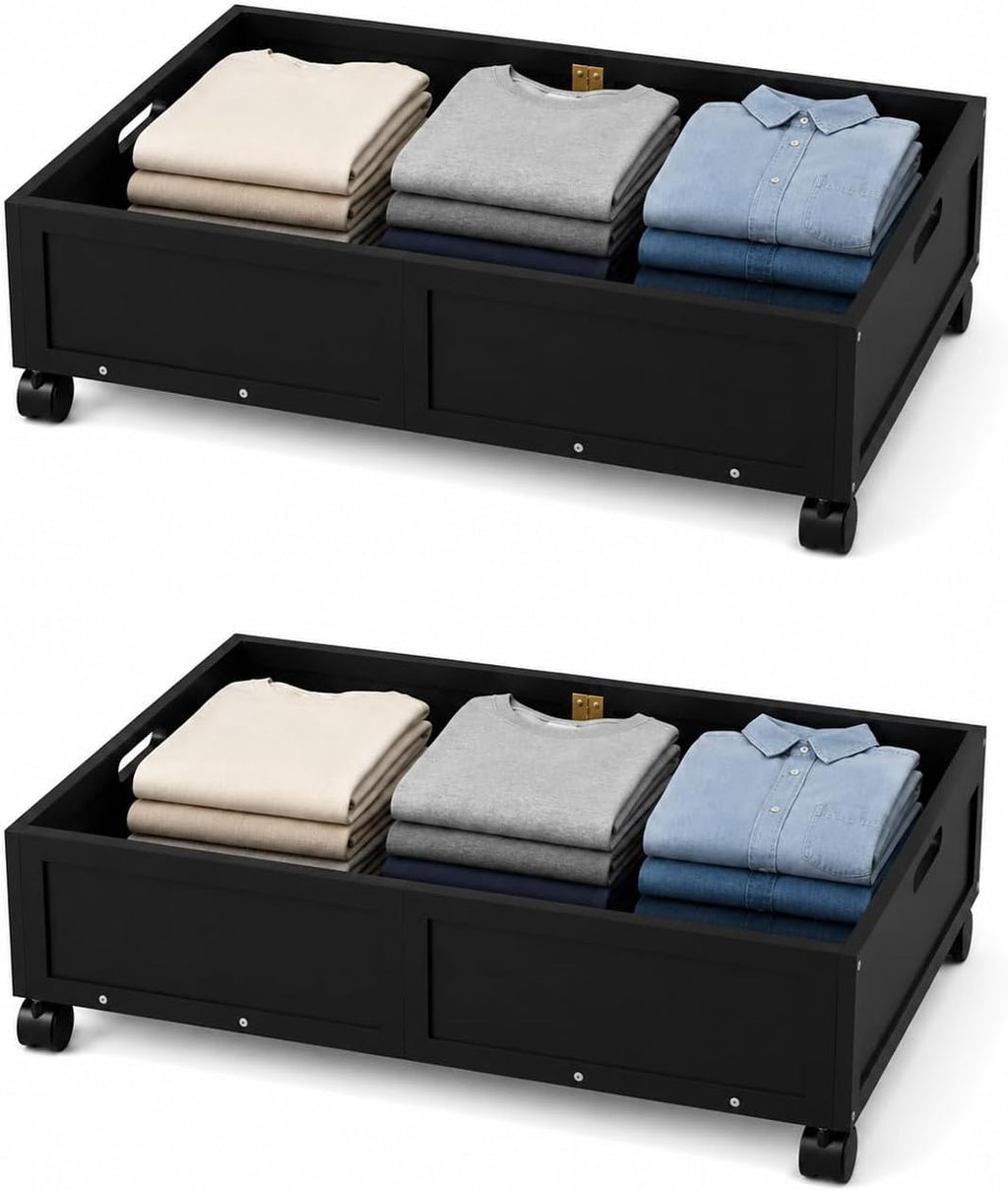 Bamboo Under Bed Storage Containers, Rolling Underbed Organizer with Wheels, Sturdy Under the Bed Shoe Storage Bins, Stackable Underbed Drawers for Bedroom Closet Clothing Toy 2 Packs (Black, Small)