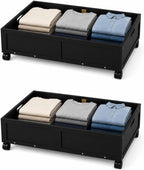 Bamboo Under Bed Storage Containers, Rolling Underbed Organizer with Wheels, Sturdy Under the Bed Shoe Storage Bins, Stackable Underbed Drawers for Bedroom Closet Clothing Toy 2 Packs (Black, Small)