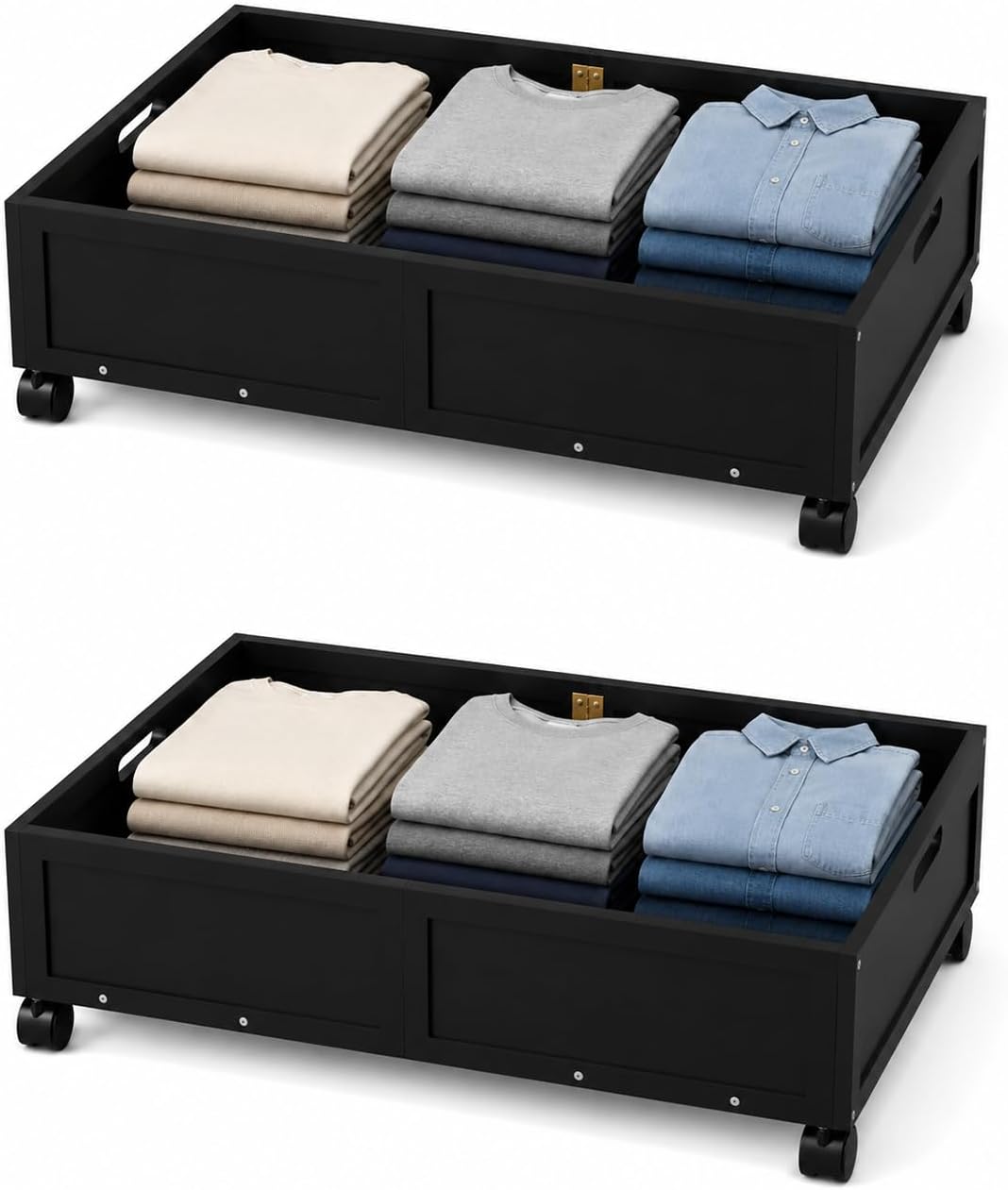 Bamboo Under Bed Storage Containers, Rolling Underbed Organizer with Wheels, Sturdy Under the Bed Shoe Storage Bins, Stackable Underbed Drawers for Bedroom Closet Clothing Toy 2 Packs (Black, Small)