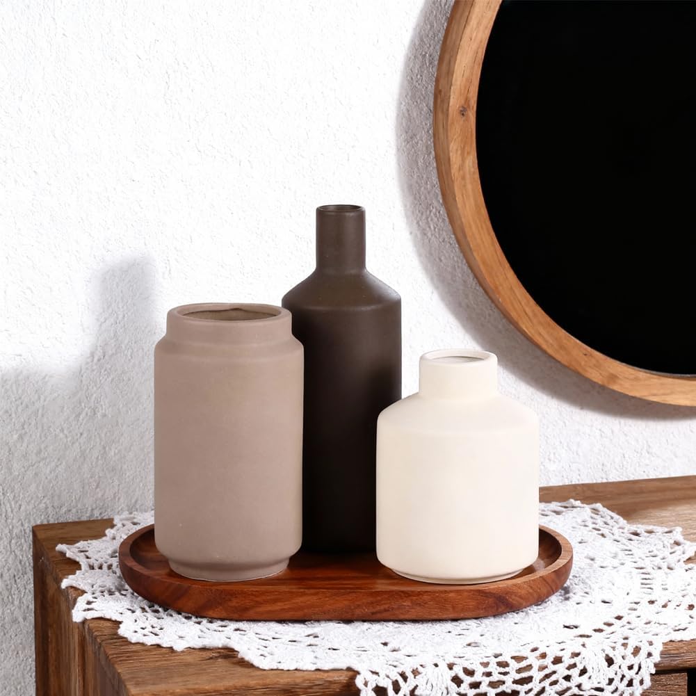 Neutral Ceramic Vase Set of 3 – Modern Decorative Vases, Small Flower Pottery Vase Sets, Boho Farmhouse Rustic Vases for Living Room, Kitchen, Bedroom, Bathroom, Shelf, Table