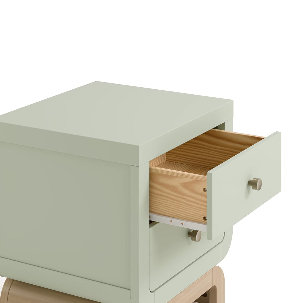 Storkcraft Santorini 2 Drawer Nightstand, Sage & Driftwood | GREENGUARD Gold Certified Nightstand for Kids Bedroom, Premium Wood with Curved Base, “Champagne” Metal Knobs