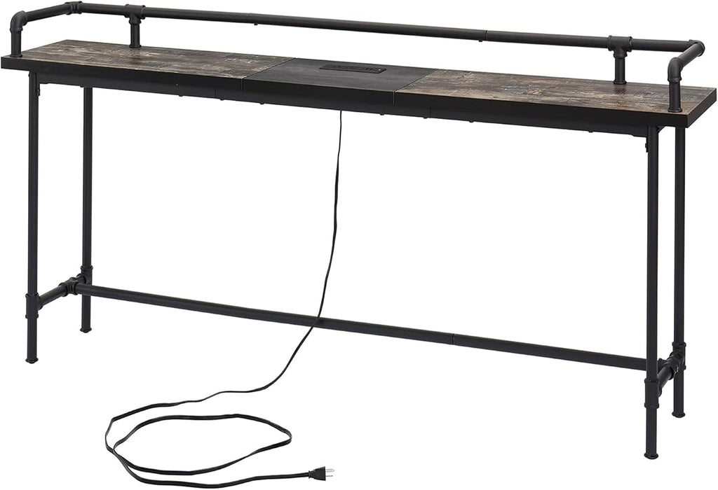 VECELO Narrow Sofa Table with Outlets & USB Ports, Industrial-Style Behind-Couch Table for Entryway, Hallway, Living Room, Bedroom, 55 Inch, Grey Oak