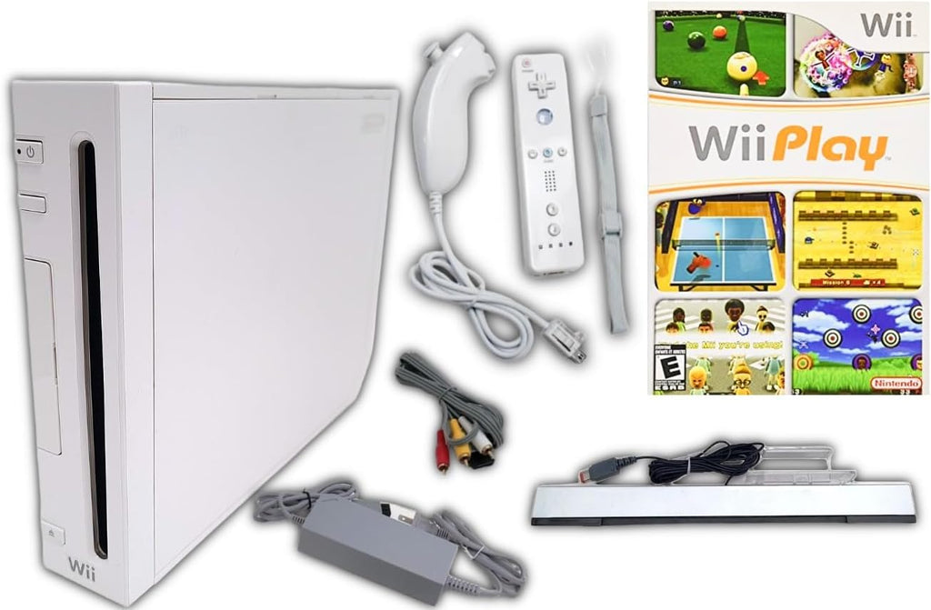 Wii Nintendo Console Bundle + Wii Play Multi-Game Disc | White RVL-001 System Also Compatible w/Gamecube Games | 1x Remote Controller, Nunchuck, Sensor Bar, Cables & AC Adapter (Renewed)