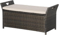 27 Gallon Patio Wicker Storage Bench with Cushion, 2-in-1 Garden Storage Box Deck Box with Handles