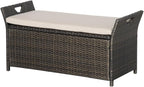 27 Gallon Patio Wicker Storage Bench with Cushion, 2-in-1 Garden Storage Box Deck Box with Handles
