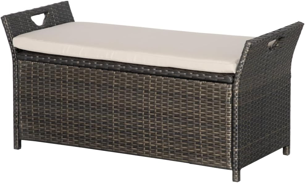 27 Gallon Patio Wicker Storage Bench with Cushion, 2-in-1 Garden Storage Box Deck Box with Handles