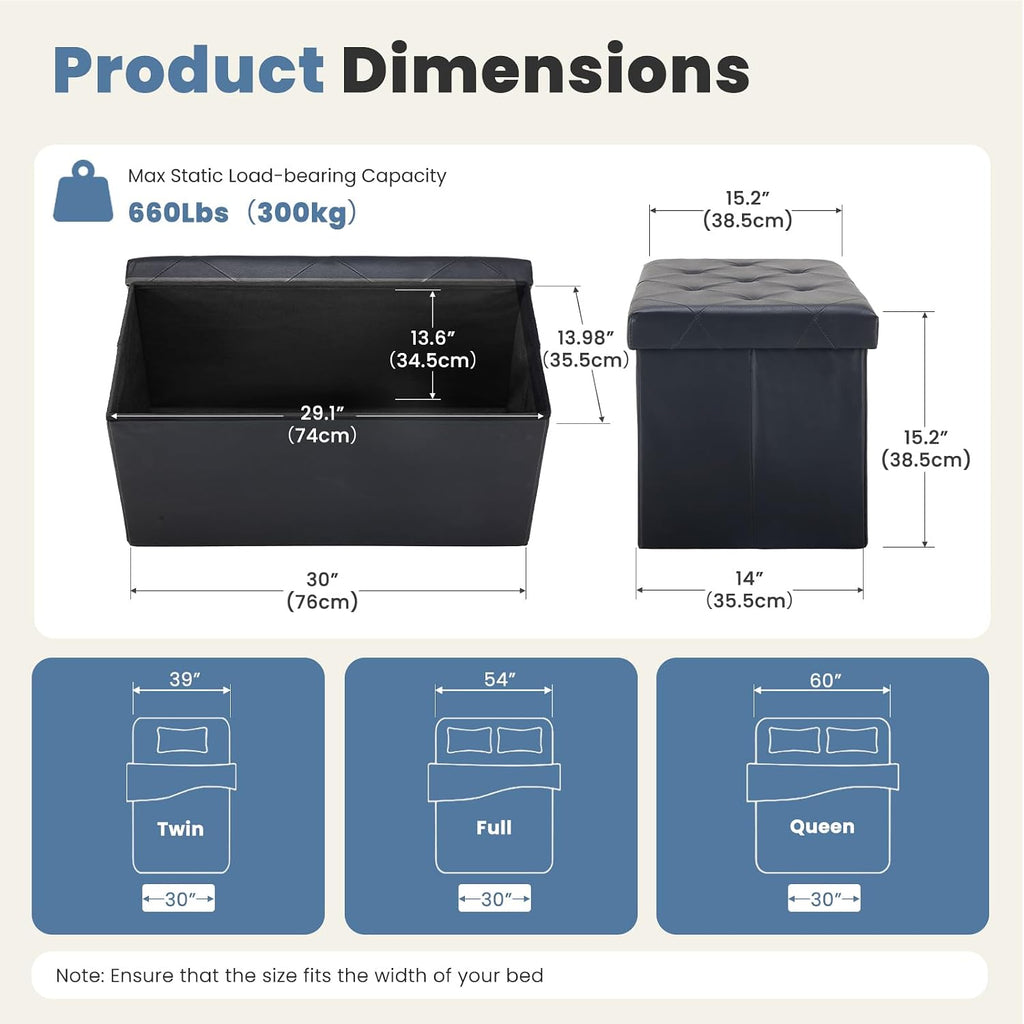 DUMOS 30 Inches Folding Ottoman with Storage Bench, Foot Rest Stool, End of Bed Storage Bench Upholstered, Load 660 lbs, for Living Room, Lychee Grain Leather, Black