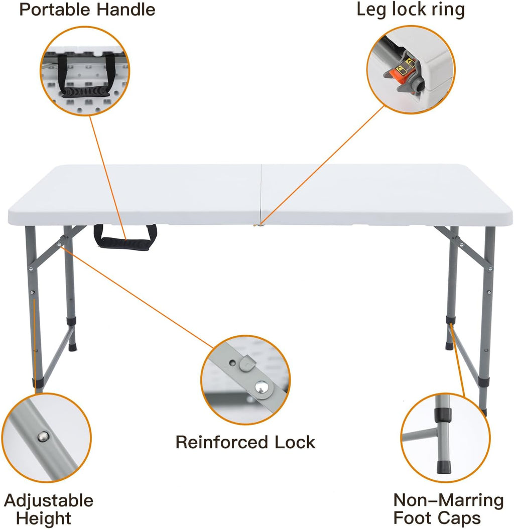 Lakhow Folding Table 4 Foot Portable Heavy Duty Plastic Fold-in-Half Utility Table with Carrying Handle,Indoor Outdoor Small Adjustable Height Folding,Camping and Party,White