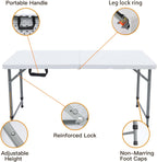 Lakhow Folding Table 4 Foot Portable Heavy Duty Plastic Fold-in-Half Utility Table with Carrying Handle,Indoor Outdoor Small Adjustable Height Folding,Camping and Party,White