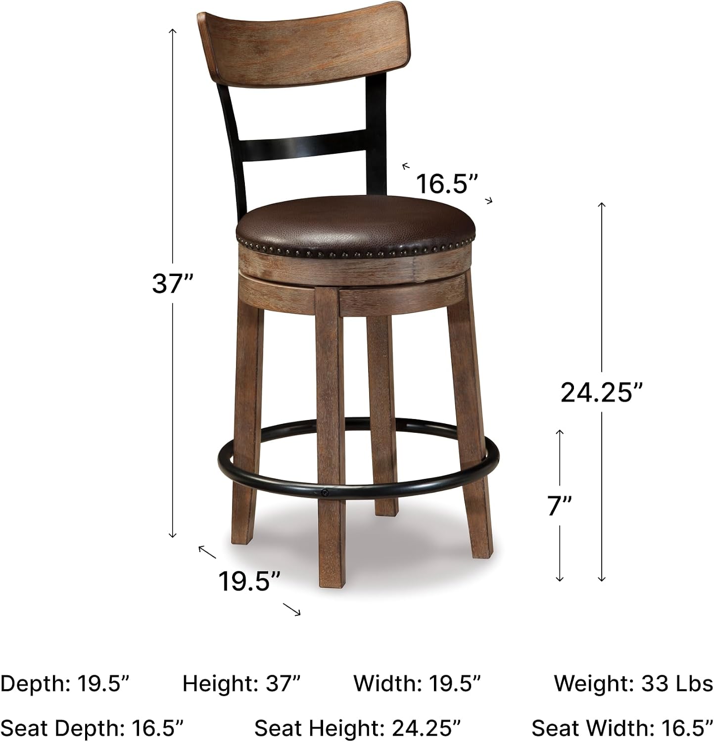 Signature Design by Ashley Pinnadel Bar Stool, Swivel Counter Height Stool Chair With Faux Leather Seat, Wood and Metal Frame for Kitchen Island With Seating, Light Brown