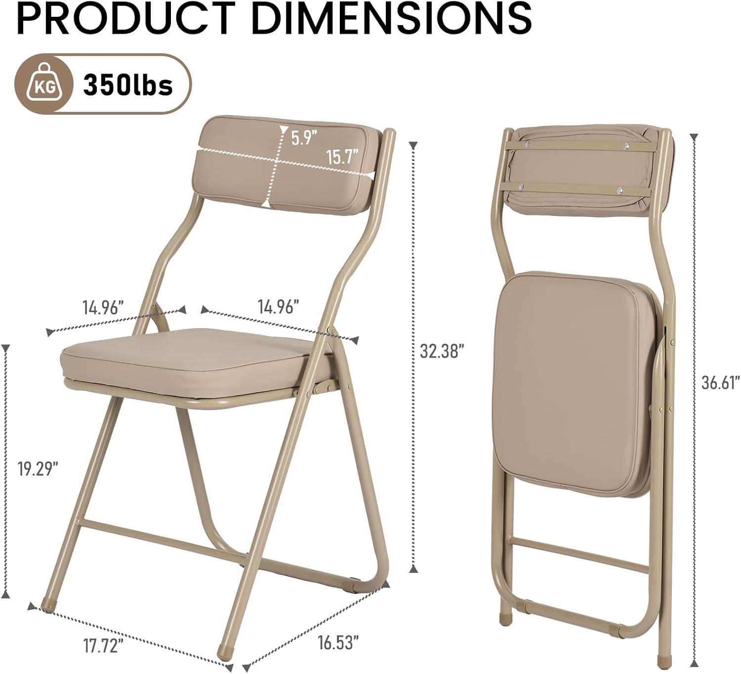2 Pack Padded Folding Chairs with Cushion, Foldable Dining Chair Set Portable Indoor Outdoor Stackable Folding Chairs with Steel Frame for Home Office Events Wedding Party Khaki