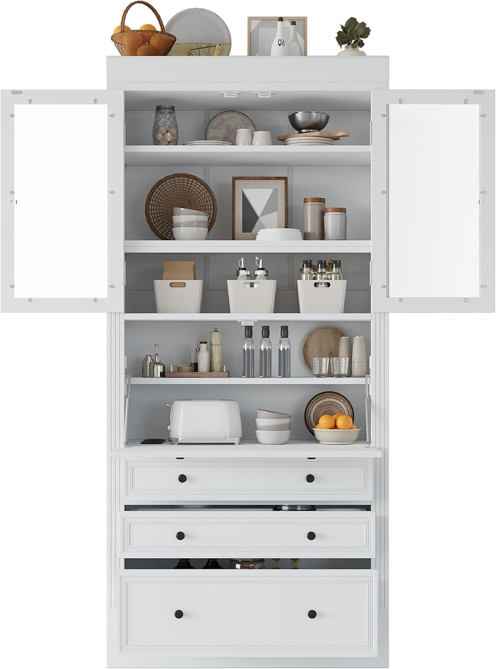 roomfitters 78 Inch Tall Kitchen Pantry Storage Cabinet with Power Outlet and Drop-Down Surface, White