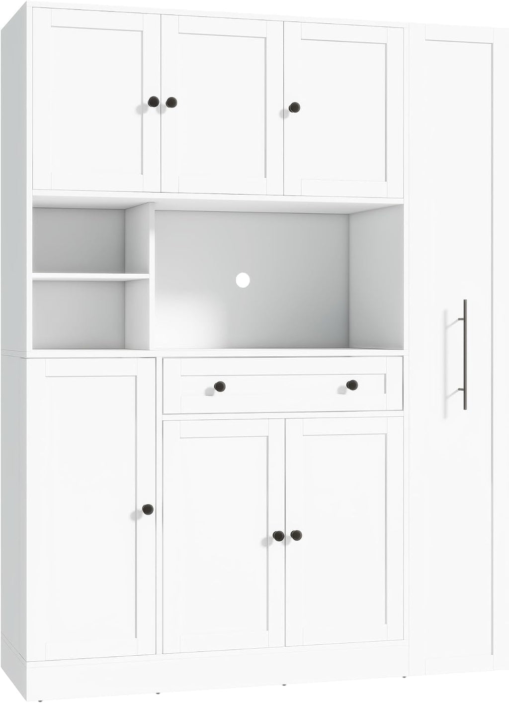 Farmhouse Freestanding Kitchen Pantry with Pull-Out Side Cabinet, Door Shelves and Drawer, Large Buffet Sideboard Cupboard for Dining Room (White)