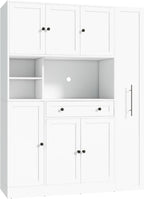 Farmhouse Freestanding Kitchen Pantry with Pull-Out Side Cabinet, Door Shelves and Drawer, Large Buffet Sideboard Cupboard for Dining Room (White)
