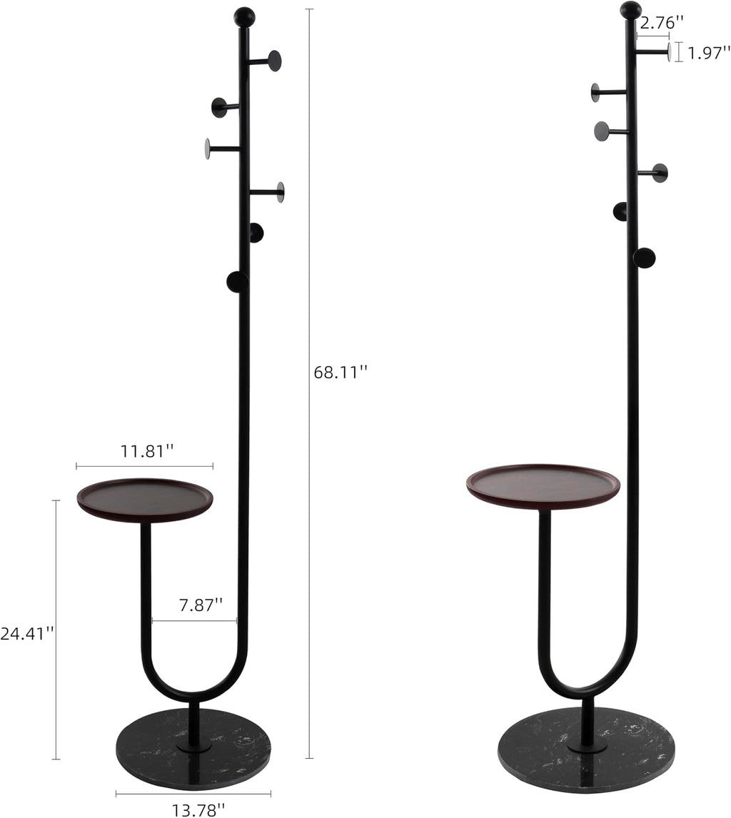 JIAYUEJU Coat Rack Freestanding with Table & 6 Hooks, Corner Coat Tree, Heavy-duty Marble Base Coat Rack Stand for Bedroom Living Room Office Entryway 13.78 x 13.78 x 68.11 Inches (Black)