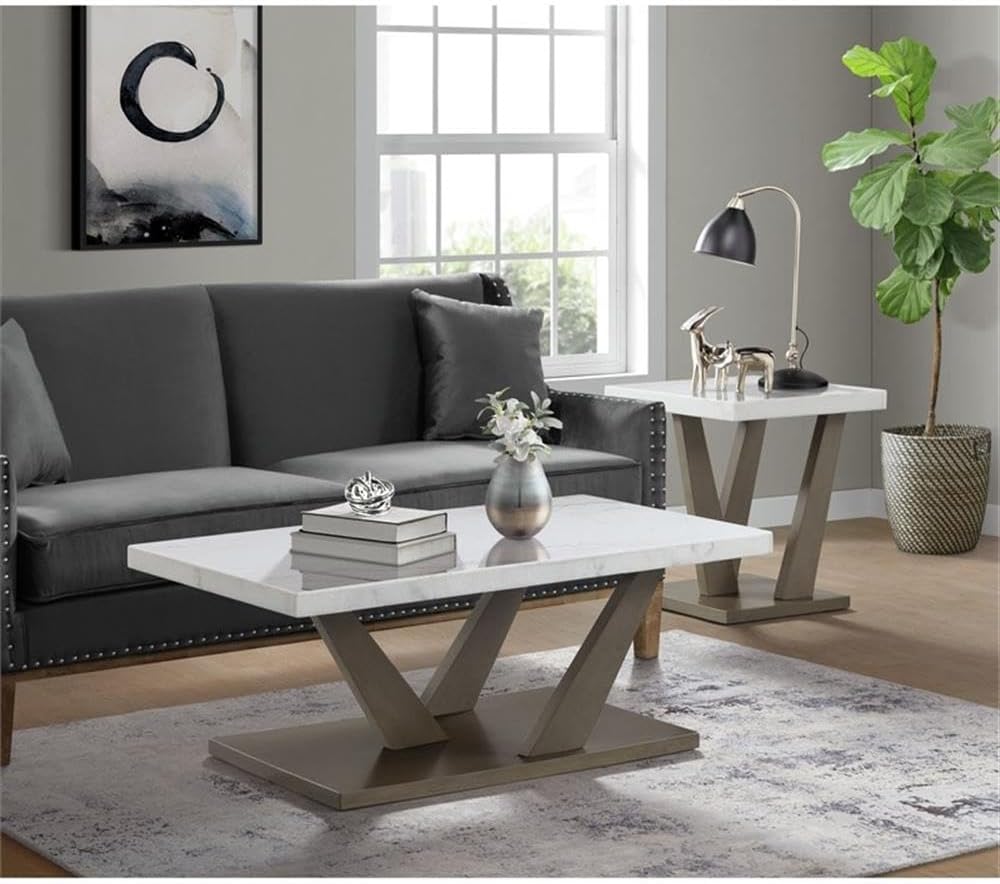 Pemberly Row Square Marble End Table, 22 x 22 x 25 in, Natural White Marble Top, Dark Gray Wood Base, Contemporary Design, Stylish Support Legs for Living Room or Bedroom Decor
