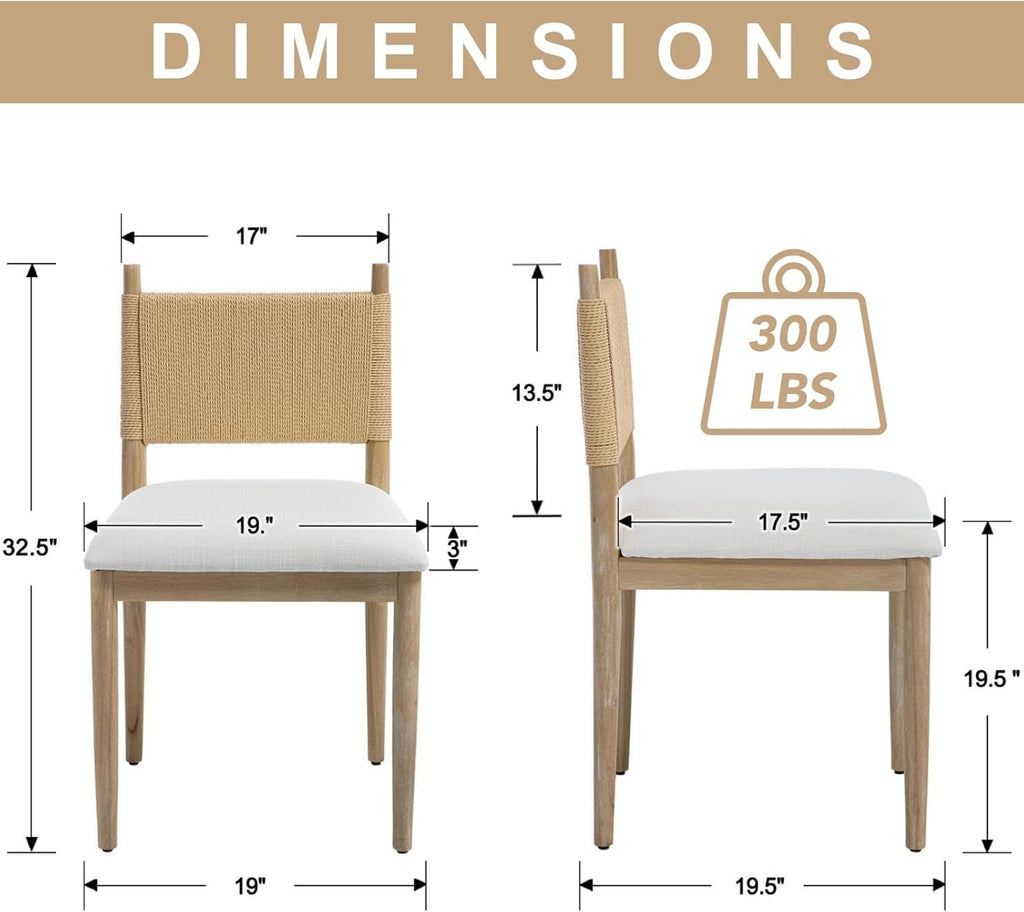 chairus Modern Coastal Dining Chairs Set of 2, Linen Upholstered Fabric Dining Room Chairs with Woven Rope Back, Farmhouse Wooden Kitchen Chairs, Natural Wood