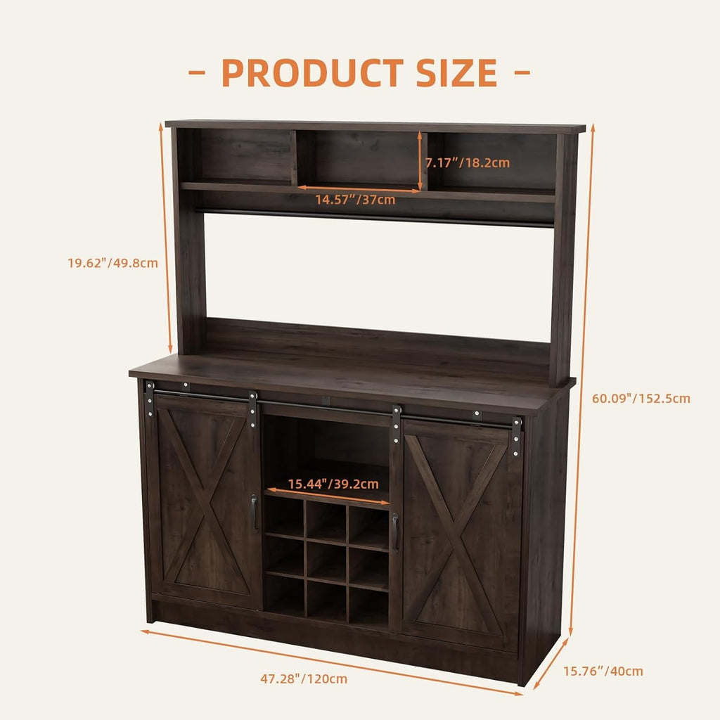 4ever2buy Farmhouse Coffee Bar Cabinet with Storage, 47” Wine Bar with Sliding Barn Doors and 3 Storage Hutch, Hutch Cabinet with 6 Hooks & 9 Wine Racks for Dining Room, Kitchen, Dark Oak