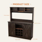 4ever2buy Farmhouse Coffee Bar Cabinet with Storage, 47” Wine Bar with Sliding Barn Doors and 3 Storage Hutch, Hutch Cabinet with 6 Hooks & 9 Wine Racks for Dining Room, Kitchen, Dark Oak