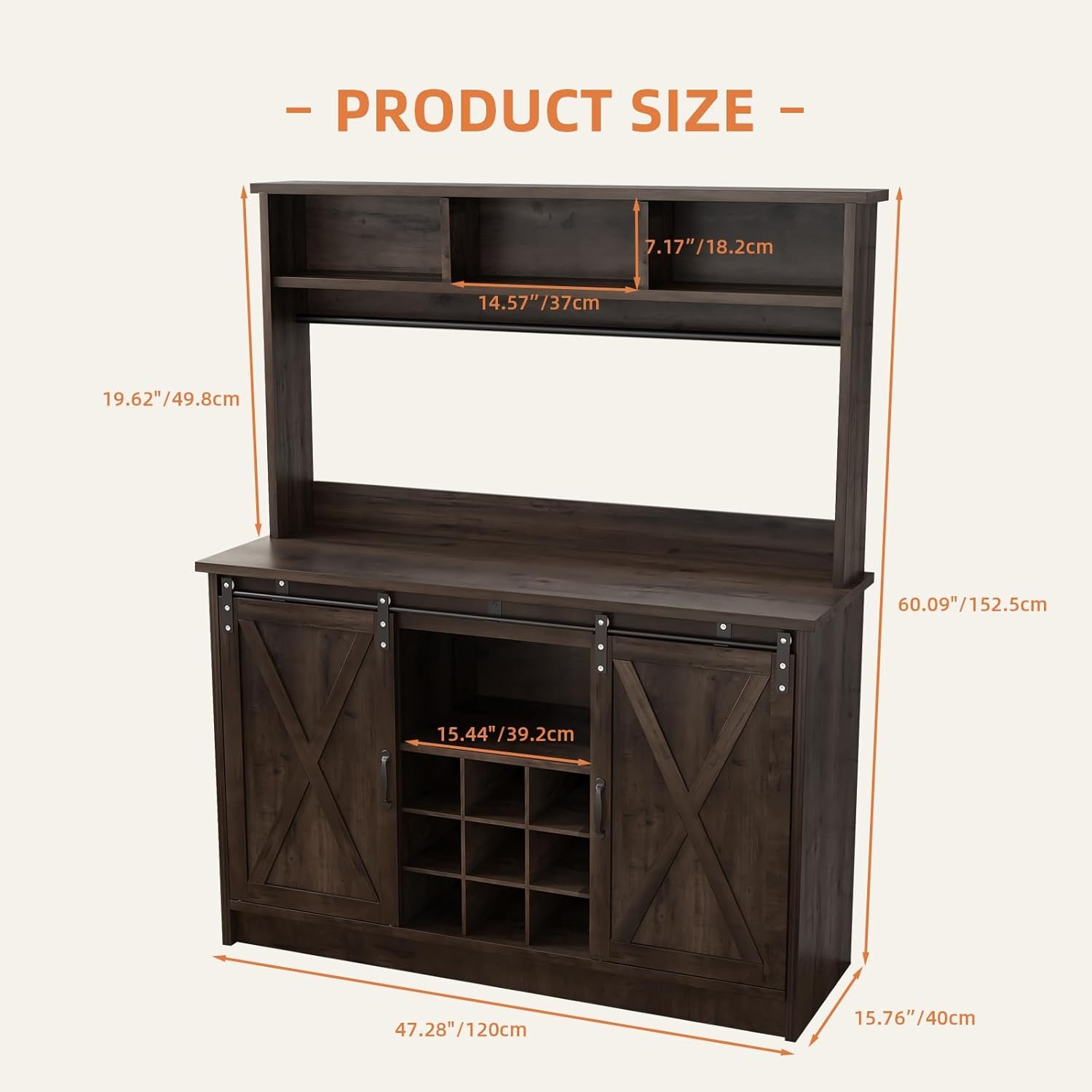 4ever2buy Farmhouse Coffee Bar Cabinet with Storage, 47” Wine Bar with Sliding Barn Doors and 3 Storage Hutch, Hutch Cabinet with 6 Hooks & 9 Wine Racks for Dining Room, Kitchen, Dark Oak