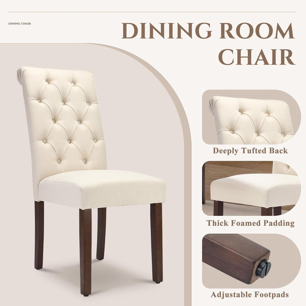 COLAMY Tufted Dining Chairs Set of 2, Accent Parsons Diner Chair Upholstered Fabric Stylish Kitchen Chairs with Solid Wood Legs and Padded Seat, Beige