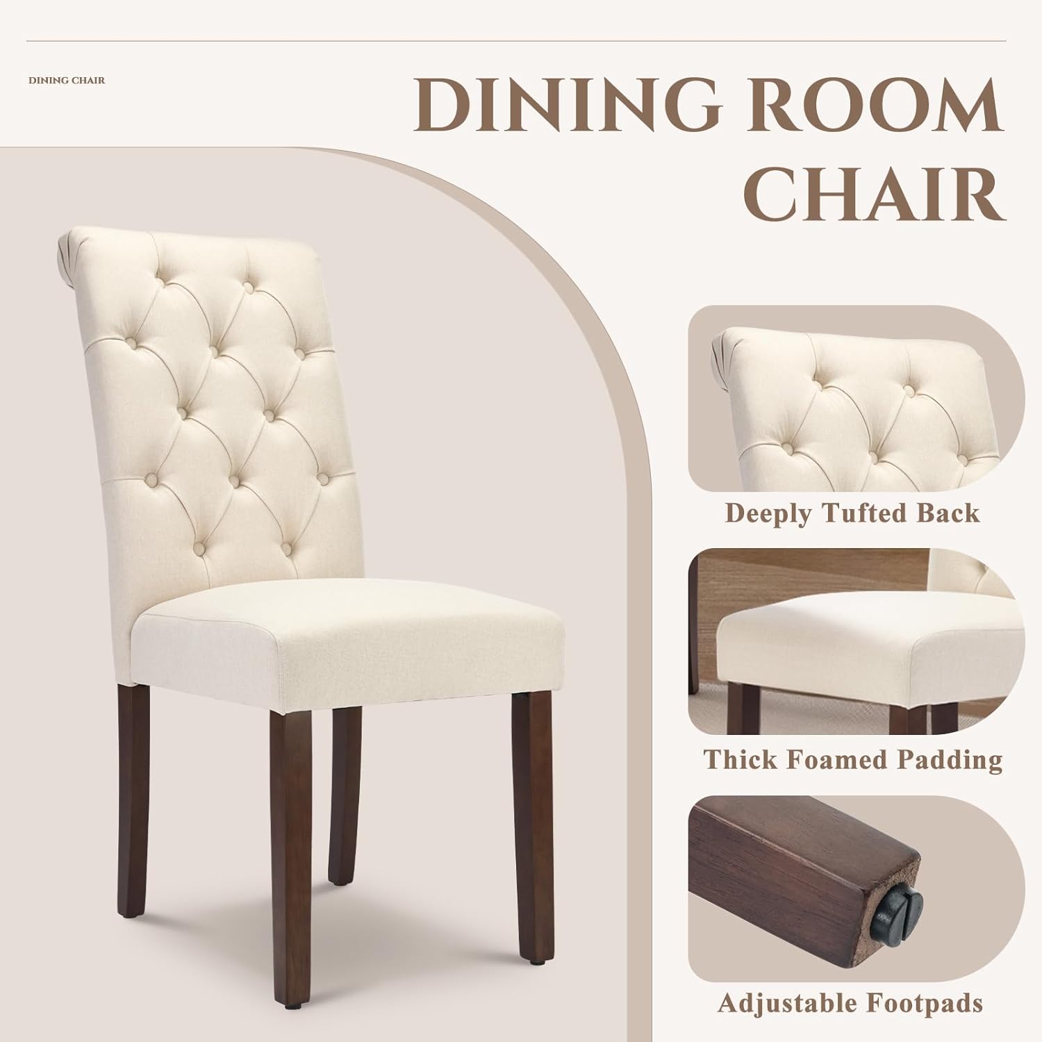 COLAMY Tufted Dining Chairs Set of 2, Accent Parsons Diner Chair Upholstered Fabric Stylish Kitchen Chairs with Solid Wood Legs and Padded Seat, Beige