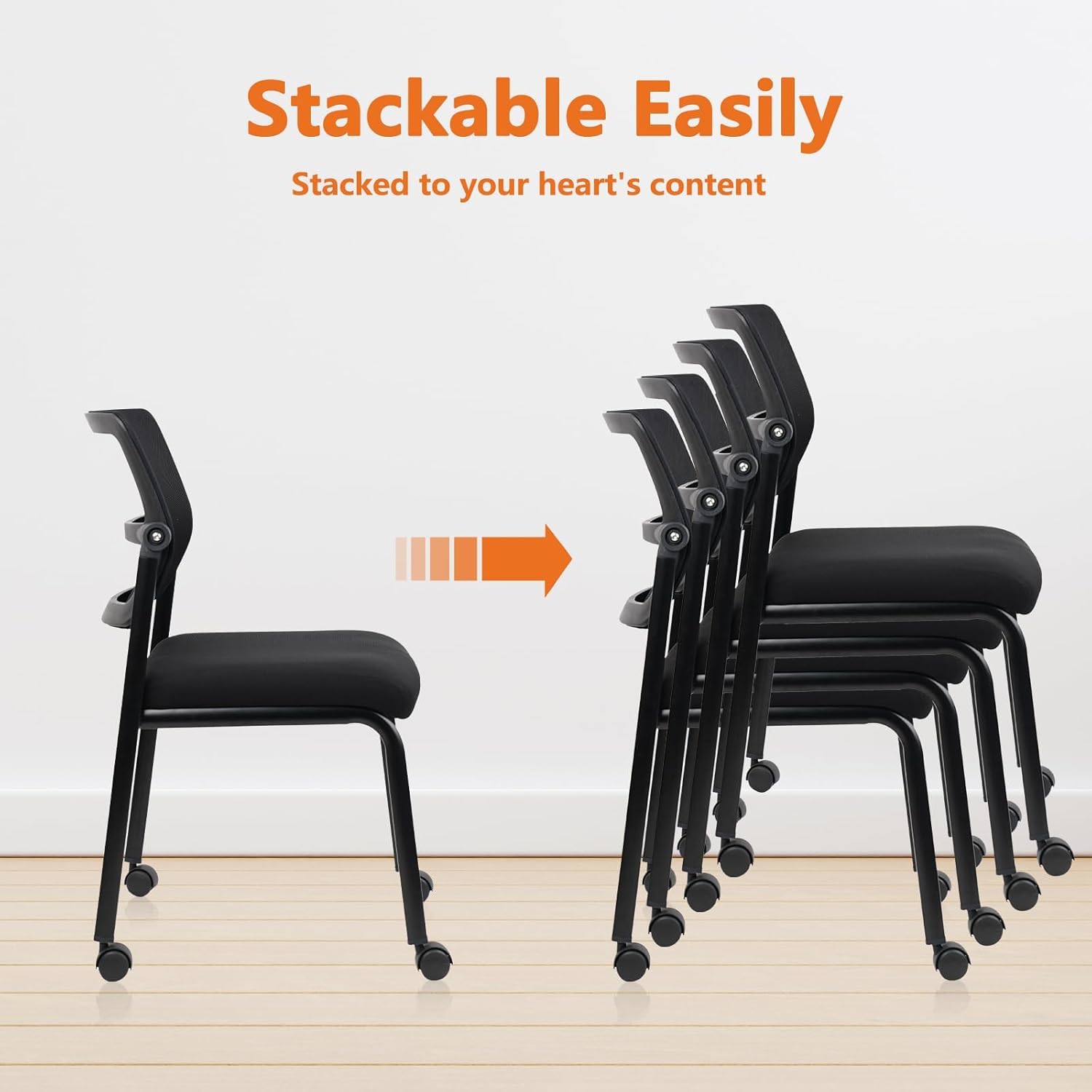 CLATINA 12PK Mesh Stacking Office Desk Chairs with Wheels, Portable Stackable Bulk Waiting Room Armless Chair with Adjustable Back & Fabric Seat for Guest Lobby Side School Church Conference Break