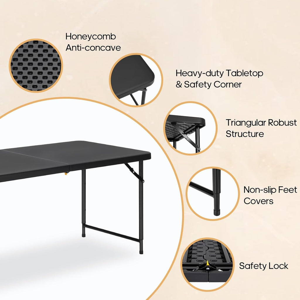 4ft Folding Table with Adjustable Height, 3-Level Foldable Table with HDPE Top & Steel Legs, Portable 4 Foot Folding Table for Picnic, Party, Craft, Indoor Outdoor Use, Black