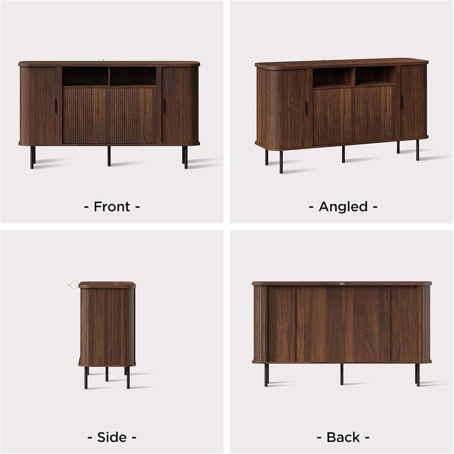 55'' Fluted Cabinet with Storage, Walnut Buffet Cabinet Sideboard with Sliding Door & Adjustable Shelves, Mid Century Coffee Bar, Curved Edge Design Storage Cabinet for Kitchen, Living Room, Entry